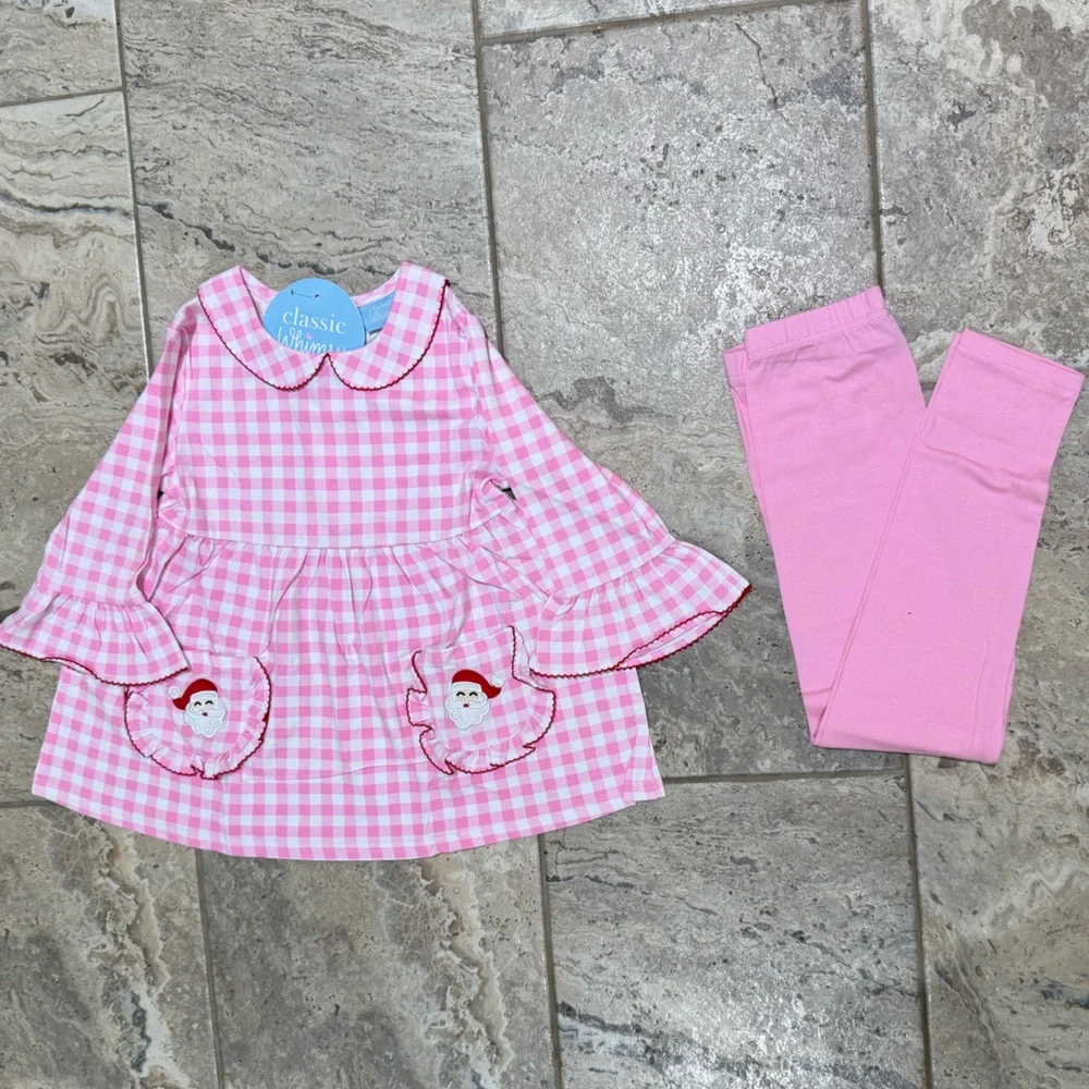 NWT Size 6 Classic Whimsy Pink Gingham santa top with Leggings